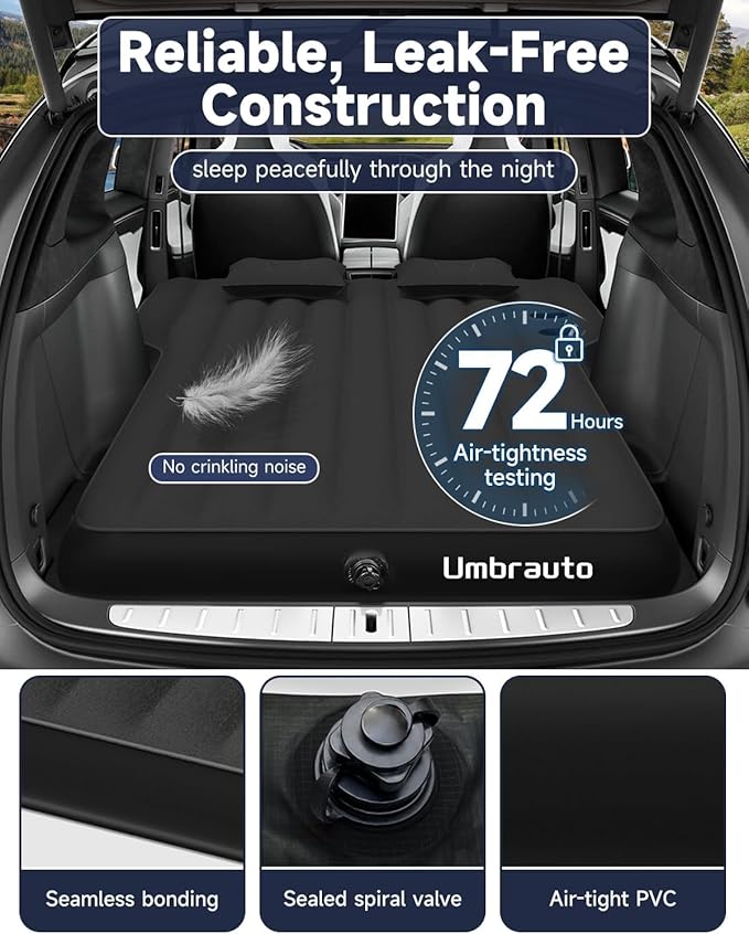Umbrauto Air Mattress for Tesla Model Y, Custom Inflatable Camping Bed for Back Trunk, Upgraded Sleeping Pad w/Soft Flocking Surface, Durable 210T Fabric Bottom, Portable Pump for SUV Outdoor Travel