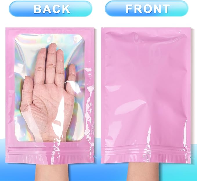 100 Pieces Smell Proof Mylar Bags- Resealable Holographic Packaging Pouch Bag with Clear Window for Food Storage Eyelash Jewelry Electronics Storage (Pink, 2.8 x 4 Inch)