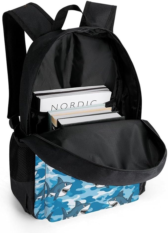 Supdreamc Men Women Polyester Army Blue Camo Shark Art Daypack Backpack Large Capacity Carry On Bag With Smooth Zippers for Hiking Picnic Walking Cycling
