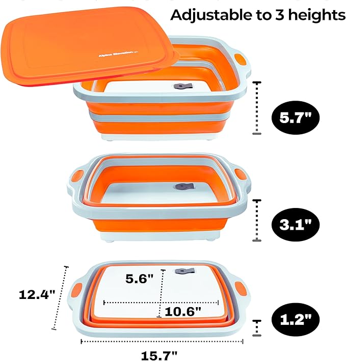 Collapsible Large (8L) BBQ Marinating Tub w/Cutting Board | Multipurpose Food-Grade TPE Prep Tub w/Lid | Built-in Colander & Drain Plug - for Camping | Tailgate | Picnic - Bold Orange