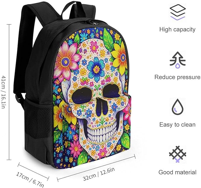 Supdreamc Men Women Polyester Sugar Skull Colorful Day Of The Dead Art Daypack Backpack Large Capacity Carry On Bag With Smooth Zippers for Hiking Picnic Walking Cycling