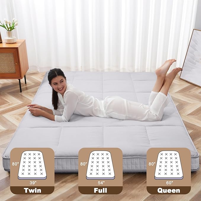 Full Size Futon Mattress - Extra Thick Foldable Japanese Floor Mattress - Memory Foam Sleeping Pad for Adults - Tatami Mat Suitable for Camping & Guest - Gray