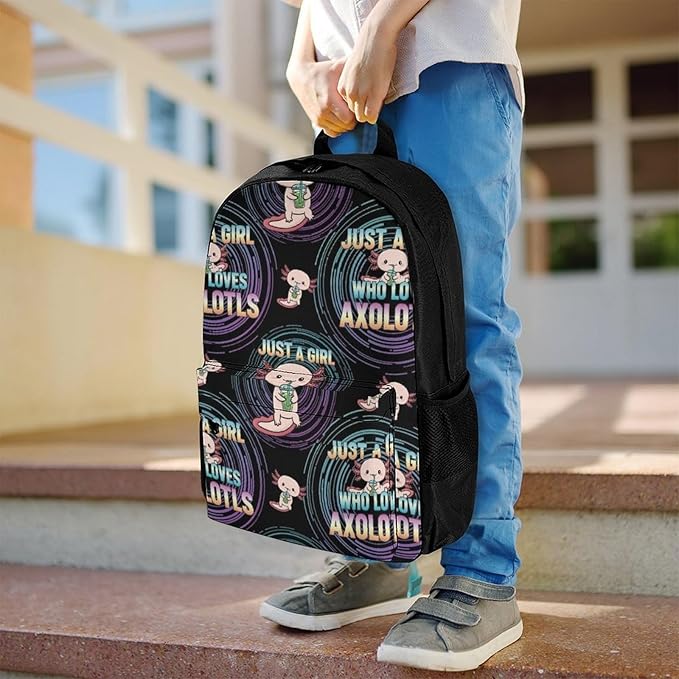 Multipurpose Business Travel Rucksack Cute Animals Pink Axolotls Prints Funny Black College Bookbag with Large Capacity Backpack for College Men Women