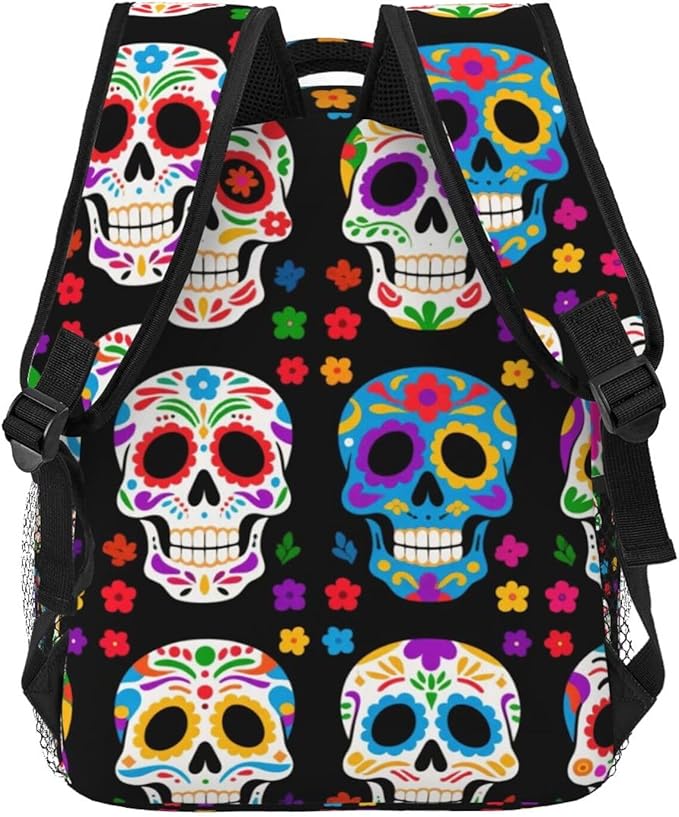 Men Women Polyester Dead Sugar Skull Backpack Large Capacity Bookbag With Smooth Zippers for Climbing Picnic Bicycle