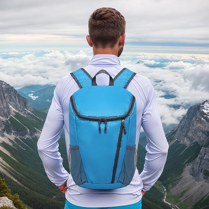 Hiking Backpack, 20L Packable Daypack for Men Women, Nylon with Adjustable Straps, Lightweight Waterproof Outdoor Camping Travel, Lake Blue