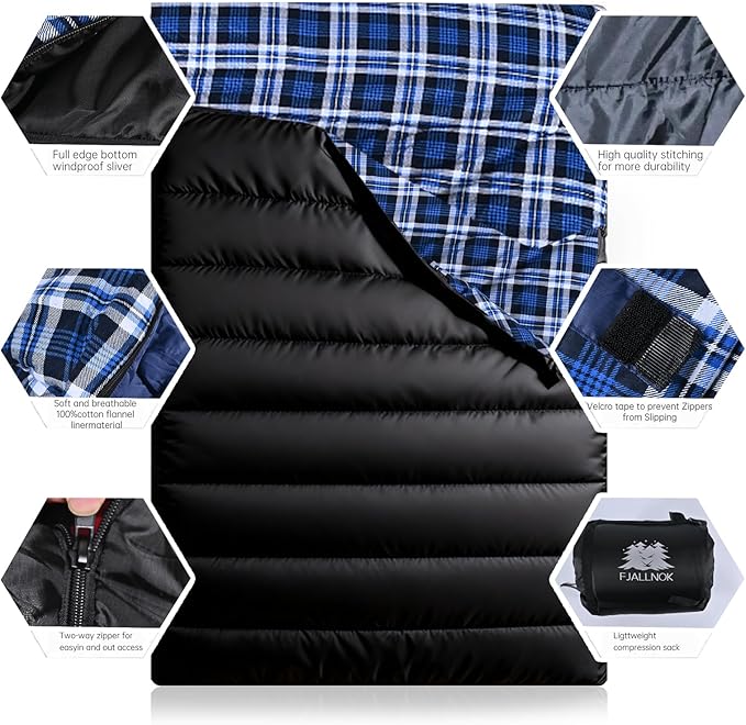 Double Sleeping Bag Cotton Flannel for Camping, Backpacking Or Hiking. Waterproof Queen Size Two Person Sleeping Bags for Adults Or Teens. Lightweight with Compression Sack