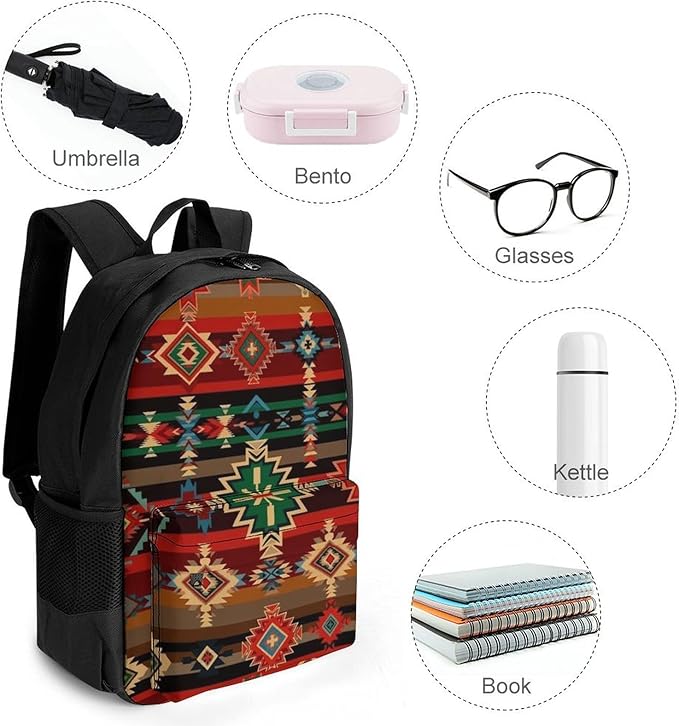 Lightweight Daypack Bookbag for Trekking Business Walking Cycling, Big Capacity Anti-Theft Multipurpose Carry On Bag, Ethnic Aztec Indiana Western Southwest Retro Vintage Pattern Business Computer Bag