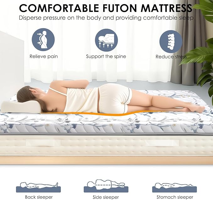 Japanese Floor Mattress, 3.5" Thicken Ink Wash Floral Pattern Portable Futon Mattress, 100% High-Density Foam Tatami Mat Sleeping Pad for Camping Guest Room Dormitory RV, White, Queen