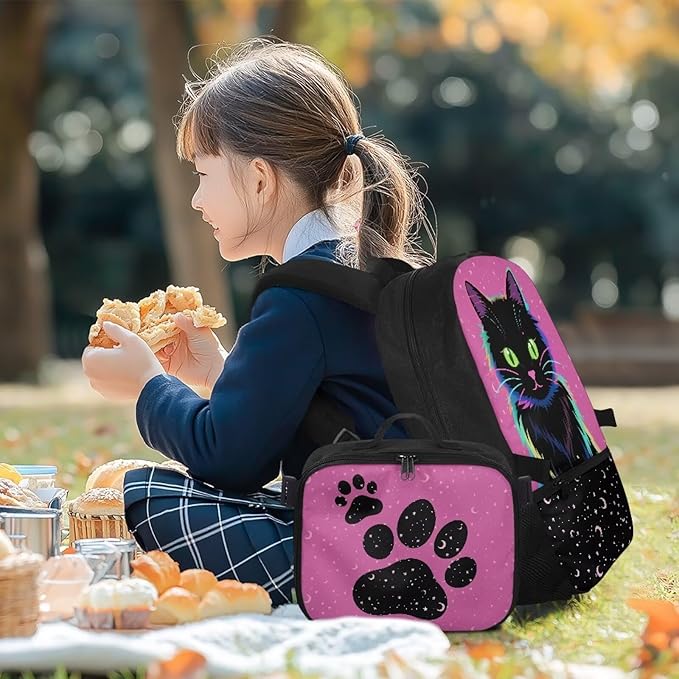 HUGS IDEA Neon Cat School Backpack for Kids 17 Inch Bookbag and Lunchbox for Kids Large School Bags for Girls Lightweight Book Bag for Students Travel Casual Daypack for Camping
