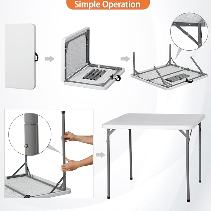 SUPER DEAL 3 Foot Square Folding Card Table, Indoor Outdoor Portable Plastic Heavy Duty Fold-in-Half Puzzles Camping Picnic Party Table with Carrying Handle, White