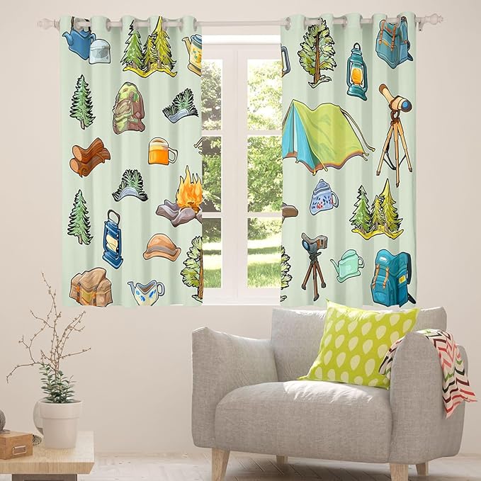 Feelyou Green Camper Theme Blackout Curtains Happy Camping Darkening Drapes for Bedroom Living Room Decor Camper Accessories Thermal Insulated Shades Window Treatments, 2 Panels 38 x 45 Inch