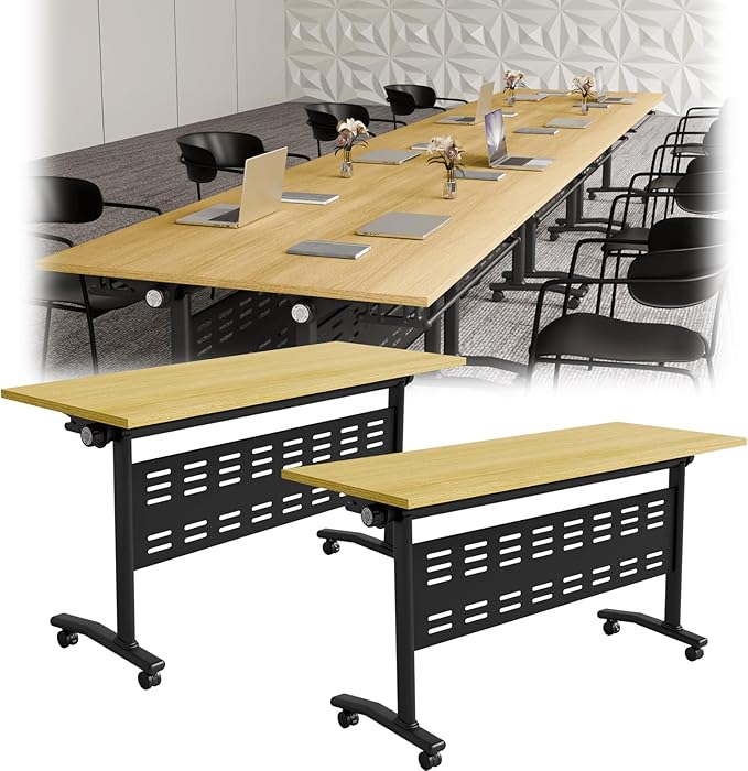 Modular Conference Room Table, Folding Seminar Desk with Wheels, Large Mobile Office Meeting Table for Classroom Training, Flip-Top Stackable Conference Tables,8 Packs Maple Color