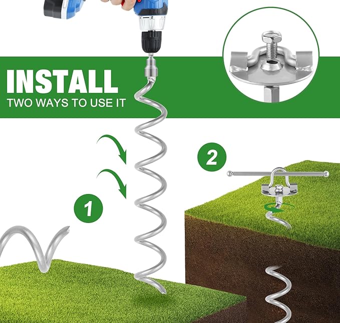 MIXXIDEA 17.5 Inch Gound Anchors Screw in, Metal Spiral Earth Anchors Kit, Heavy Duty Folding Ring Spiral Stake with Straps, Ground Stakes for Tent Trampolines, Sheds, Swings (Silver, 17.5 Inch)