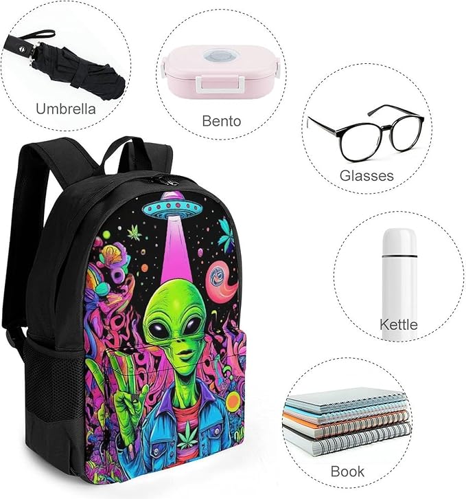 Rucksacks Polyester Anti-Theft Multipurpose Trippy Alien Ufo Art Carry On Bag Large Capacity Gym Outdoor Hiking Backpack With Smooth Zippers