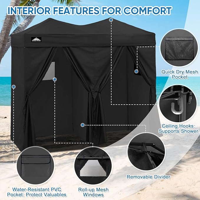 EAGLE PEAK Outdoor Changing Room 8x4, 2 Room Pop Up Portable Changing Room, Sun Shelter, Pop Up Changing Tent for Beach or Pool, Portable Dressing Room for Photoshoots (Black)