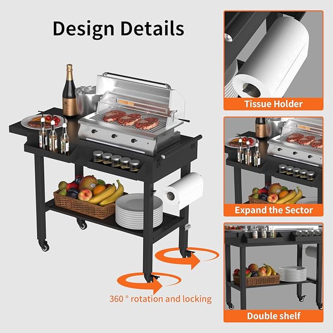 Portable BBQ Grill Cart with Prep Table, Outdoor Folding Utility Table with Wheels, Spice Rack, Bottle Opener