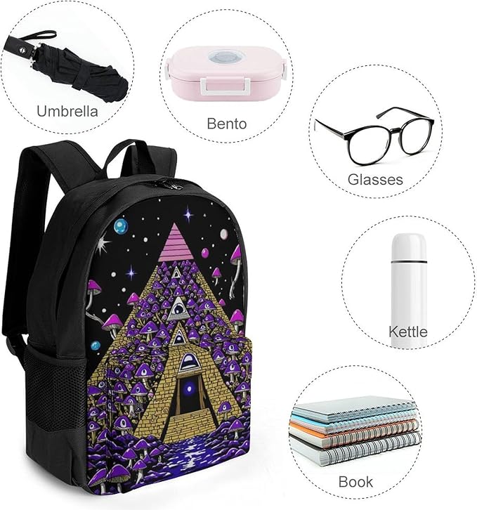 Men Women Polyester Trippy Magic Pyramid Mushrooms Universe Art Casual Daypack Large Capacity Carry On Bag With Adjustable Shoulder Straps for Camping Work Running