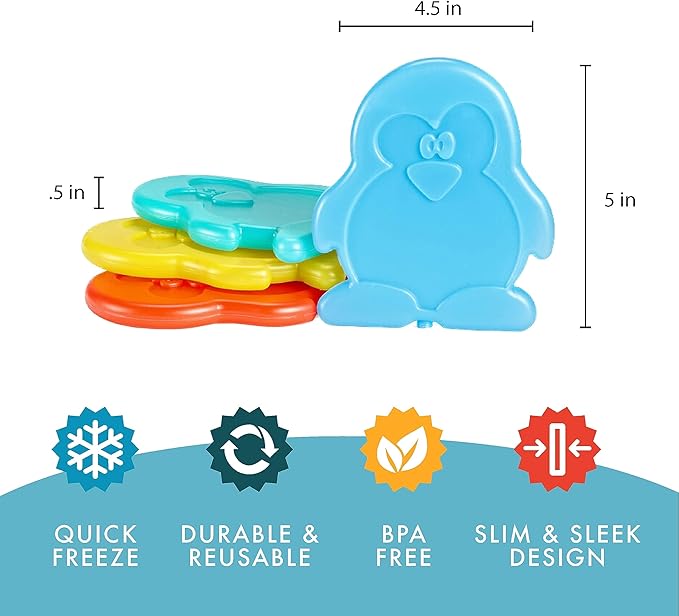 Fit & Fresh Cool Coolers Kids Lunch Box Ice Packs, Slim Ice Packs for Lunch Bags, Lunch Ice Packs Reusable-Multicolored 8 Pack Penguin