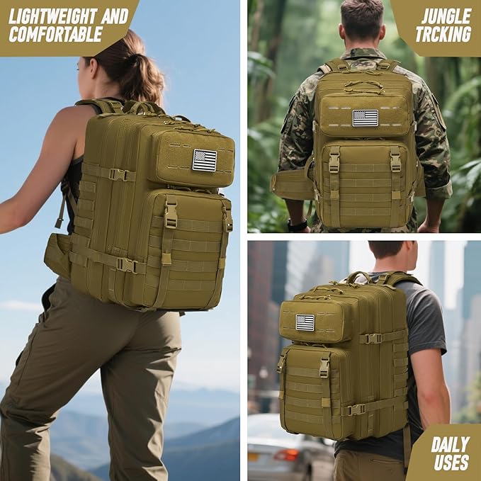 Tactical Backpack for Men, Water Resistant 46L Military Backpack, Large Army 3 Day Assault Pack for Hiking, Camping, Gym with Molle System, Khaki