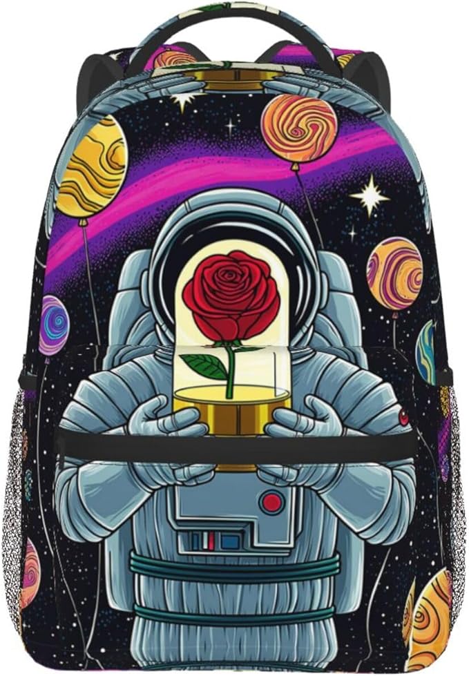 Men Women Lightweight,Astronaut Starry Sky Roses Colorful Planet Art Casual Daypack Big Capacity Bookbag With Padded Straps for Gym Travel Walking Cycling
