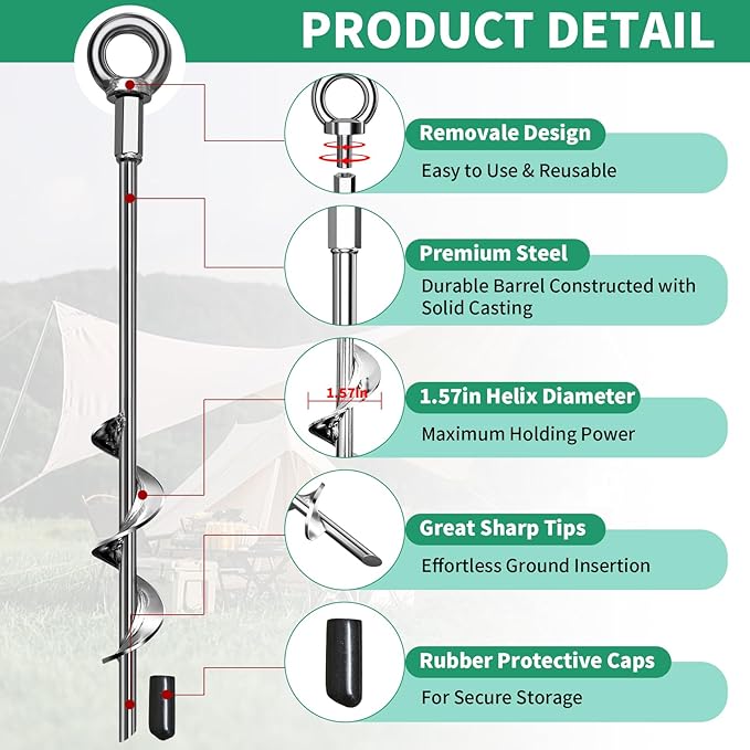 Phopich Ground Anchors Screw in, Swing Set Anchors Heavy Duty Tent Stakes Trampoline Anchors, 15" Spiral Earth Anchors with Straps for High Winds