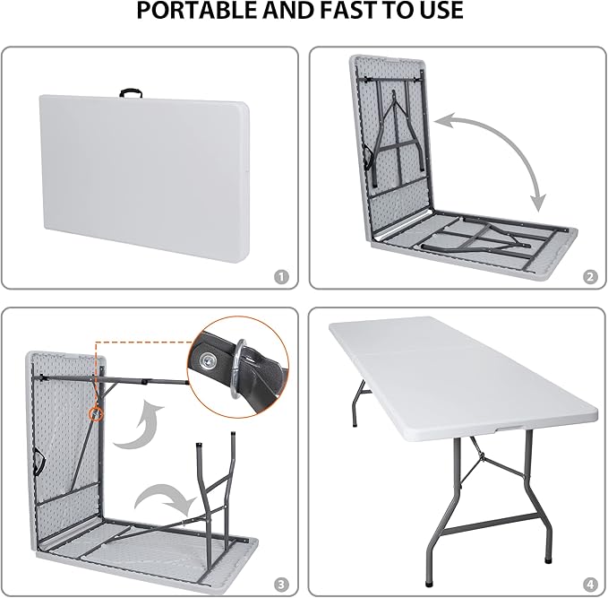 SUPER DEAL 8FT Folding Picnic Table for Indoor Outdoor, Portable Fold-in-Half Plastic Dining Camping Party Table with Carrying Handle
