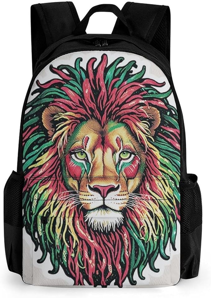 Rucksack Polyester Anti-Theft Multipurpose Dreadlock Rasta Lion Jamaican Reggae Bookbag Big Capacity Travel and Sport Backpack Rucksack With Side Pockets