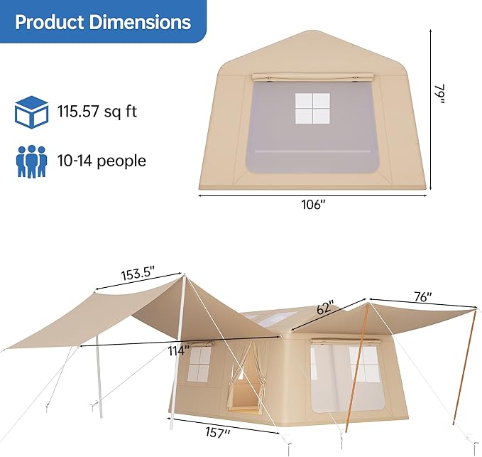 Inflatable Camping Tent with Pump & 1/2 Awnings, 8-14 Person Air Tents for Camping Adult, Large Waterproof Oxford Family Glamping Tent, Quick Setup Big Tent for Outdoor Camping