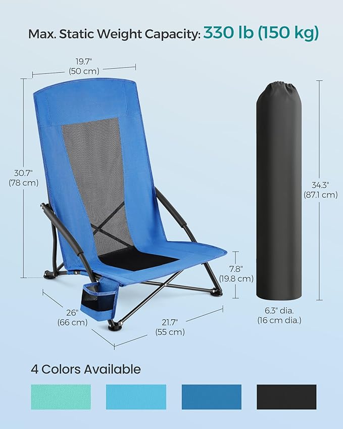 SONGMICS Camping Chair, Portable Outdoor Beach Chair, with High Backrest, Cup Holder, Lightweight, Heavy-Duty, Max. Load 330 lb, Blue UGCB061Q02