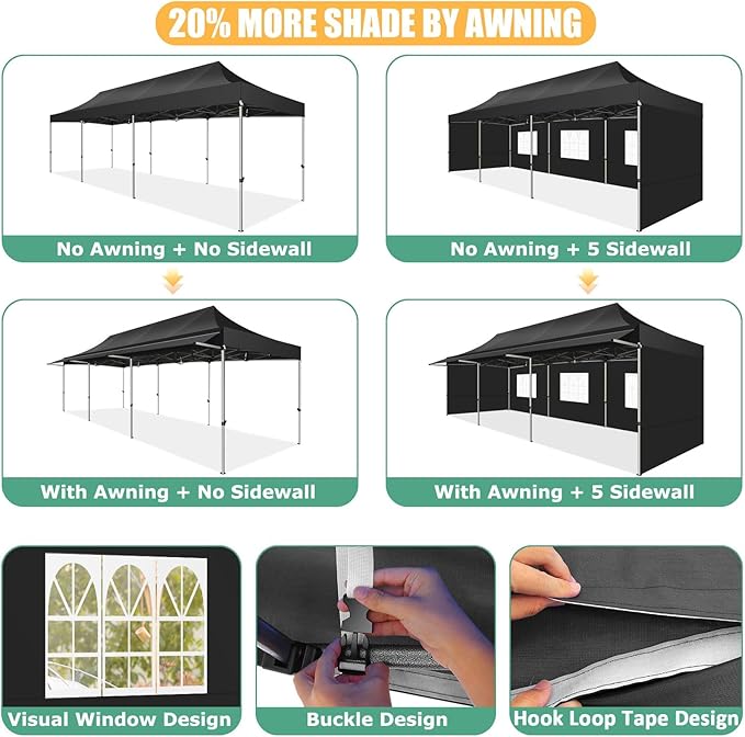 COBIZI 10x30 Pop Up Canopy Tent with Awning,Heavy Duty Canopy UPF 50+ All Season Wind Waterproof Commercial Outdoor Street Vendors Party Tents for Parties Gazebo with Roller Bag(10 x 30 ft Black)