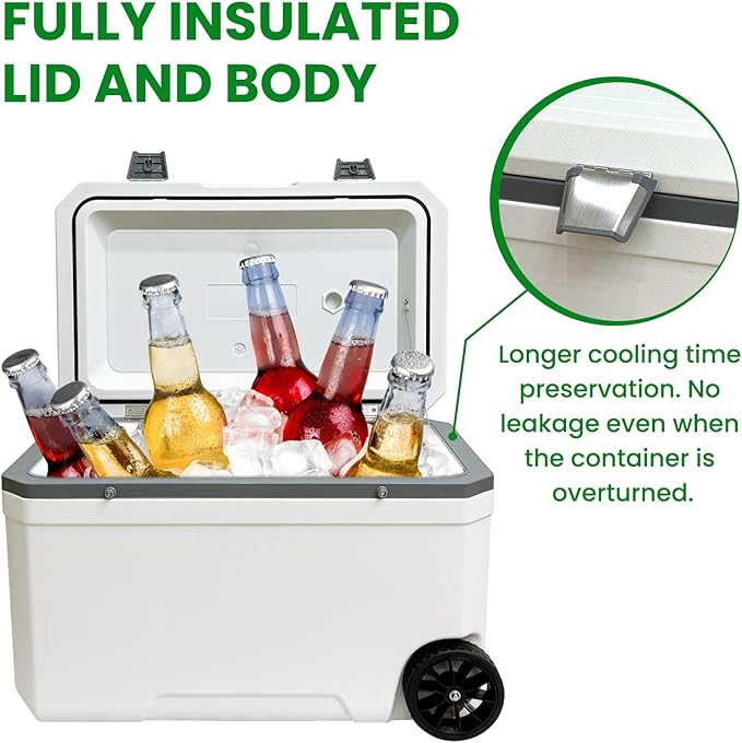 JUST-V 34-127 Quart Insulated Portable Cooler with Heavy Duty Wheels Keeps Ice for up to 5 Days, Great for Drink, Beach, Camping, Tailgating, Sports, & More