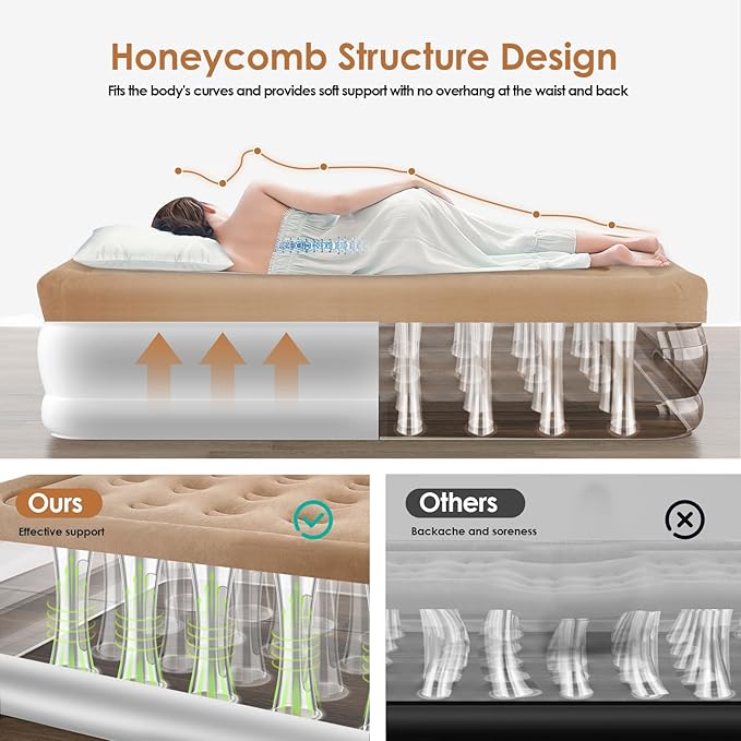 Air Mattress Queen with Built in Pump, 18'' Luxury Inflatable Mattress, 3 Min Fast Blow up Mattress with Dual-Chamber, Comfort Top - Velvety Air Bed for Home, Camping, Travel, Guests, White + Khaki