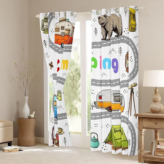 Feelyou Cute Rv Camping Camper Curtains for Bedroom Living Room Wildlife Animal Bear Blackout Shades Camping Adventure Room Darkening Curtain Window Treatments, 2 Panels 52 x 90 Inch Decor