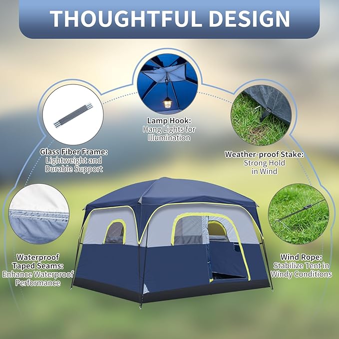 Outvita 6 Person Camping Tent with Carry Bag, Waterproof Windproof Easy Setup, Portable Family Camping Tent with 1 Mesh Door & 5 Large Mesh Windows, 10'X9'X83in
