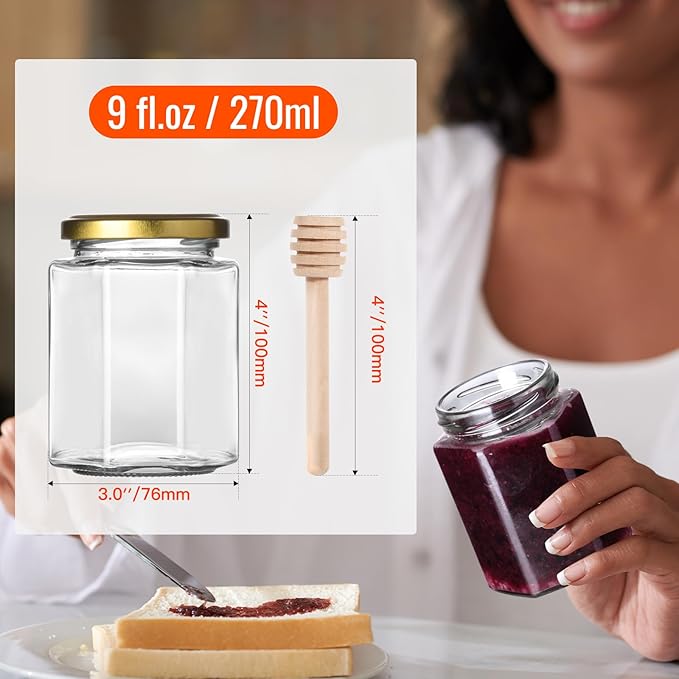 AuroTrends 9oz Honey Jars with Dipper 6Pack, 270ML Small Glass Jars with Lids -Small Canning Jars with Wooden Dippers/Bee Charms/Stickers/Jute Twine (9fl.oz-6Pack)