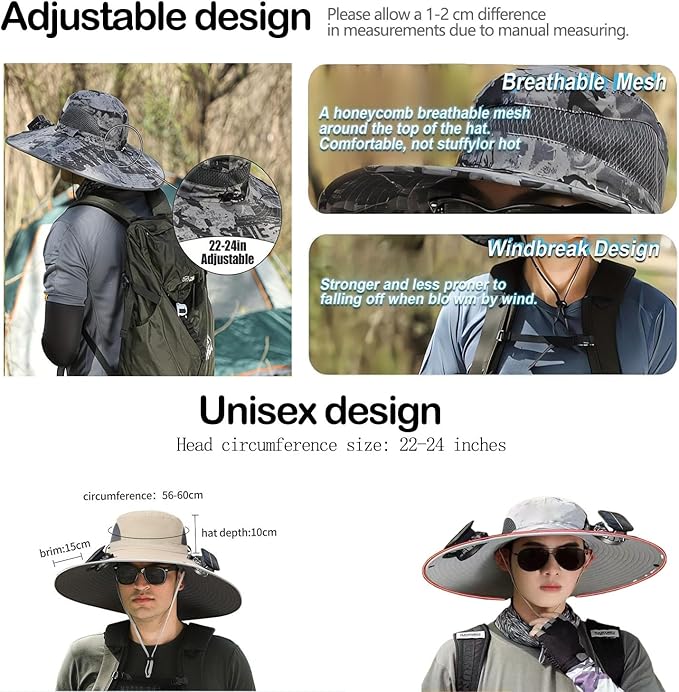 Outdoor Wide Brim Sun Hat with 2 Solar Powered Fan, Bucket Hat for Men Women, Fishing, Gardening & Beach Hat for Men