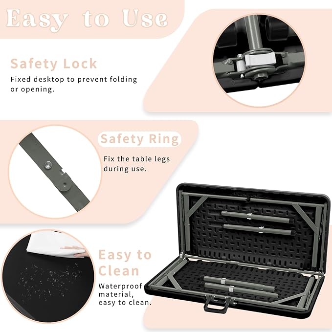 34" Square Folding Table,Multi-Functional Portable Folding Card Table with Carrying Handle for Indoor Outdoor Camping,Picnic, Office, Party Use, HDPE Plastic Tabletop with Metal Frame(Black)