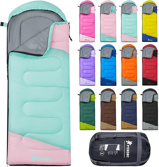 PTEROMY Sleeping Bags for Adults, Lightweight and Machine Washable, Water Resistant Backpacking Camping Sleeping Bag for Warm Cold Weather, Camping Essentials for Hiking Travel