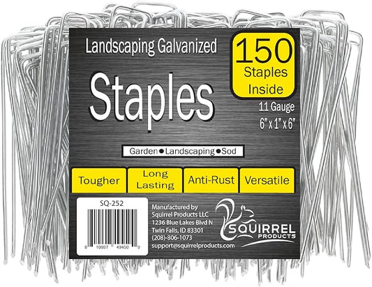 Squirrel Products Galvanized Steel Redrawn Garden Stakes, 6 Inch Lawn Staples, 11 Gauge Stakes, 2.9mm 15x2.5x15cm – 150 Pack