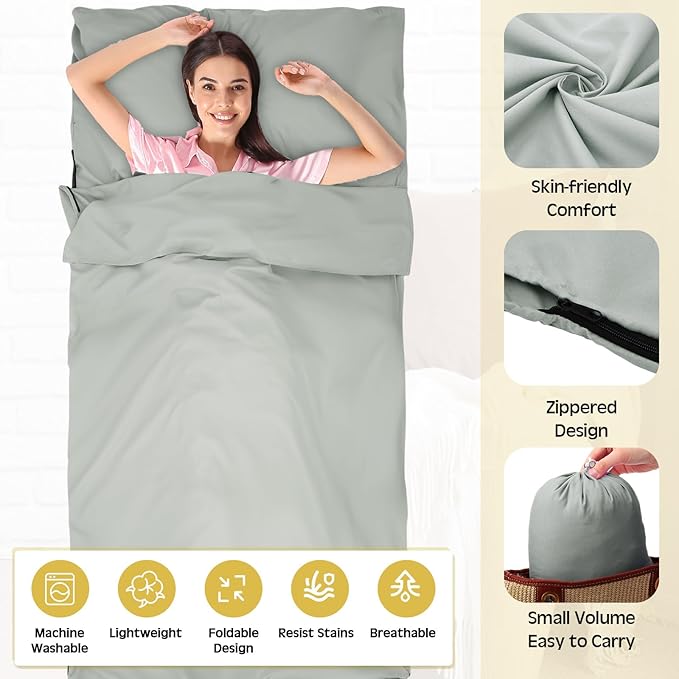 2 Pack Sleeping Bag Liner Portable Polyester Microfiber Adult Sleep Sack with Pocket Bag Travel Self Tan Sheets for Hotel Summer Camping Hiking Business Outdoor Indoor
