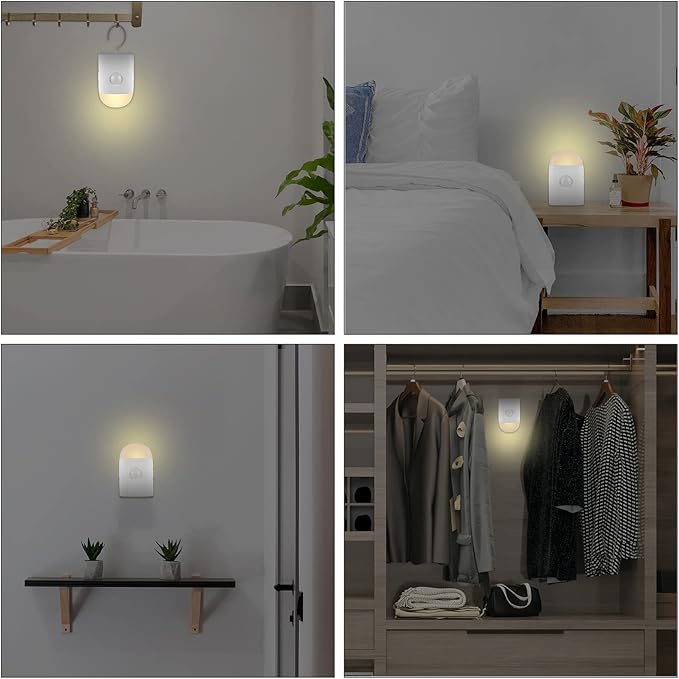 Motion Sensor LED Night Lights Warm White with Adjustable Brightness Rechargeable Battery, with Hook and Stick-On for Cabinet, Wardrobe,Closet,Hallway, Stairs (1 Pack)