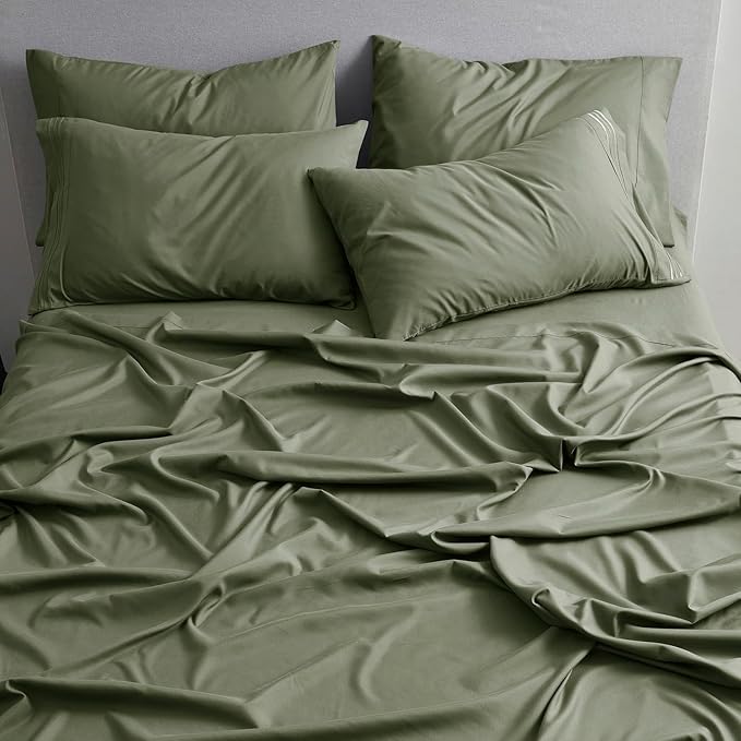 Clara Clark RV Short Queen Sheets - Hotel Luxury 6 Piece Bed Sheets for Short Queen Size Bed - Soft Bedding Sheets & Pillowcases, Fits Low Mattress up to 10 inch deep. Short Queen, Olive Green