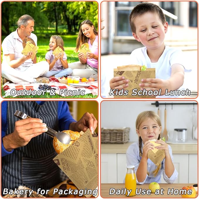 Soft Pretzel Bags 7"x7" Double Open Sandwich Bags 50Pcs, Grease-proof Parchment Paper Bags Newspaper Style Sandwich Wrappers for Cookie Snack Deli Bakery Family Daily Wrap