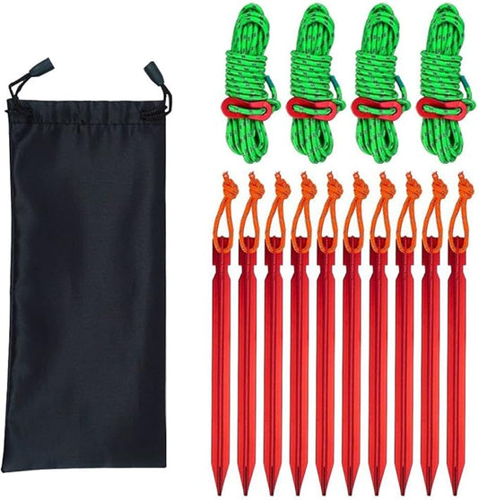 SourceTon 10 Pack Tent Stakes with 4 Reflective Guy Lines - 7075 Aluminum Lightweight Rust-Free Camping Pegs for All Terrains, Includes Adjustable Cord & Carry Pouch (7" Heavy Duty)