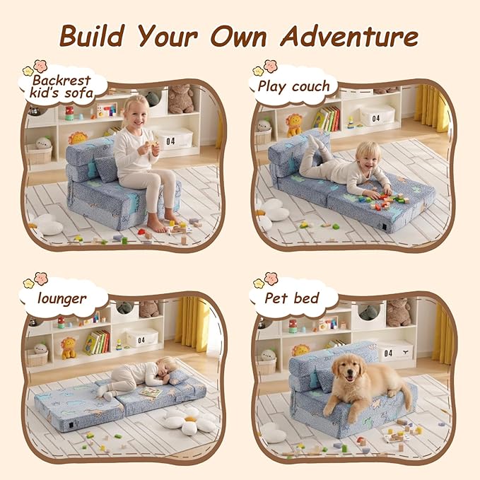 Folding Sofa Bed Floor Mattress for Kids with Pillow Toddler Glow in Dark Washable Mat for Sleeping, Child Fold Up Dinosaur Chair Bed with Storage Bag for Playroom, Camping, Girls Boys, Blue