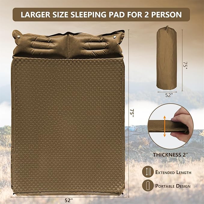 WILD FUN Double Sleeping Pad, 2in Camping Mattress 2 Person with Pillow, 5R Suede Insulated Self Inflating Camping Pad, Air Mattress Inflatable Sleeping Mat for Backpacking,Hiking(Khaki)
