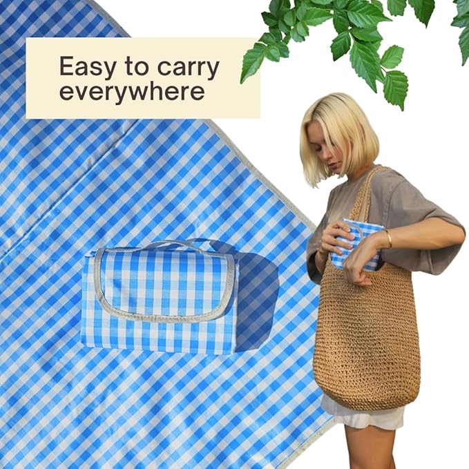 Cute Gingham Picnic Blanket, Waterproof Foldable, in Large 80x60in and Extra Large 80x80in, Portable Compact Beach Blanket, Oversized XL Outdoor Mat (Blue, X-Large)