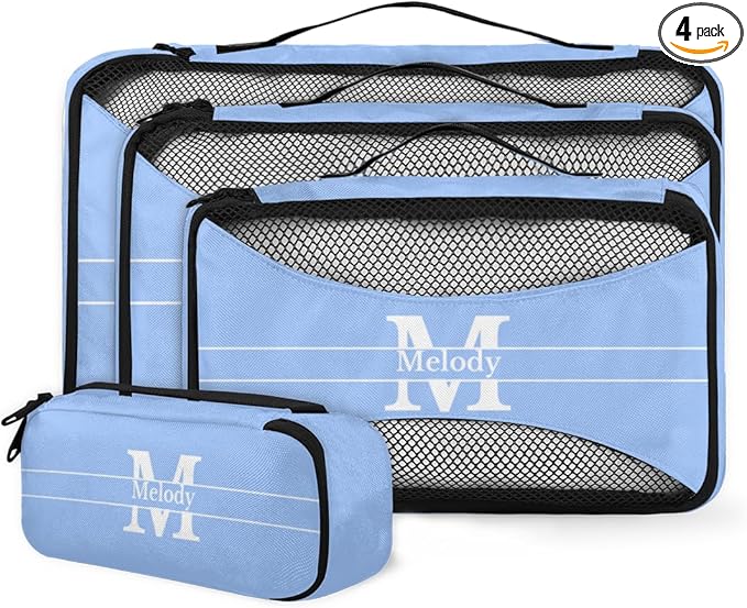 Custom Name 4 Pcs set travel luggage organizer Mesh Travel Essentials for Suitcases, Light Sky Blue with Initial Letter