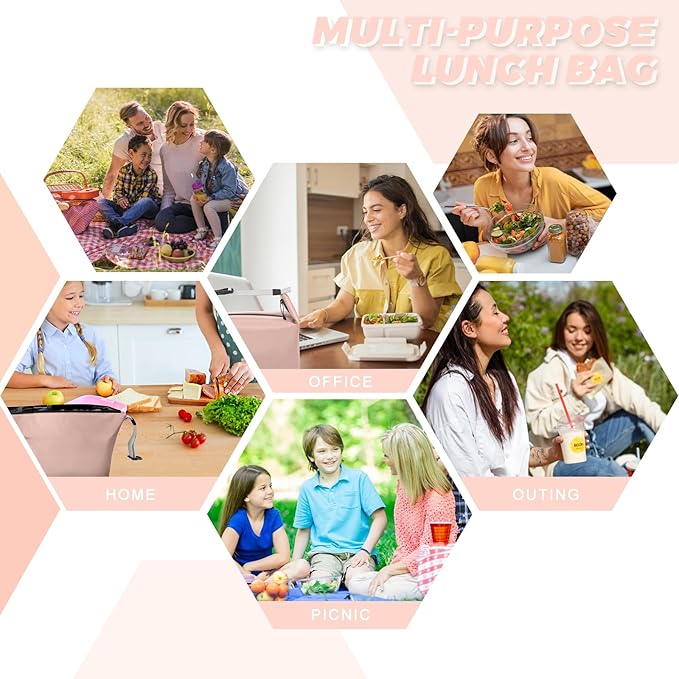 Lunch Bag for Women & Men Fresh Keep Lunch Box, Small Leakproof Cooler Bag Food Lunch Containers High Capacity Reusable Loncheras para Mujer for Work, Office, Picnic, Travel (Pink)