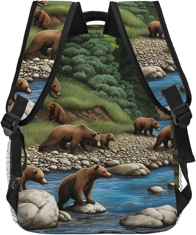 Adults Lightweight Bears Lovers Mountain River Pattern Rucksacks Large Capacity Bookbag With Adjustable Shoulder Straps for Trekking Outdoors Bicycle